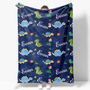 Dinosaurs Floral Dark Blue Personalized Name Blanket - Aperturee