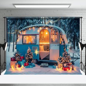 Festive Blue White Camper Van Winter Forest Backdrop - Aperturee