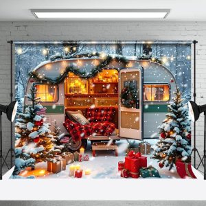 Festive Camper Van Merry Christmas Warm Backdrop - Aperturee