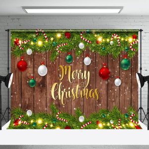 Festive Green Leaves Snow Wood Christmas Backdrop - Aperturee