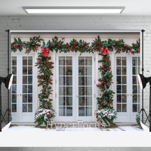 Festive Pine Leaves White Window Christmas Backdrop - Aperturee