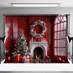 Festive Red Window Wreath Christmas Vibe Backdrop - Aperturee