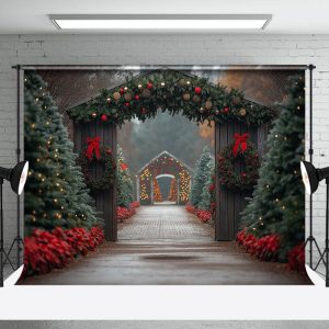 Festive Wood Door Pine Trees Path Christmas Backdrop - Aperturee