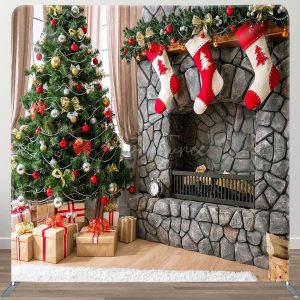 Fireplace Christmas Tree Square Pillow Case Backdrop - Aperturee