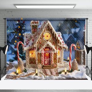 Gingerbread House Red Candy Christmas Backdrop - Aperturee