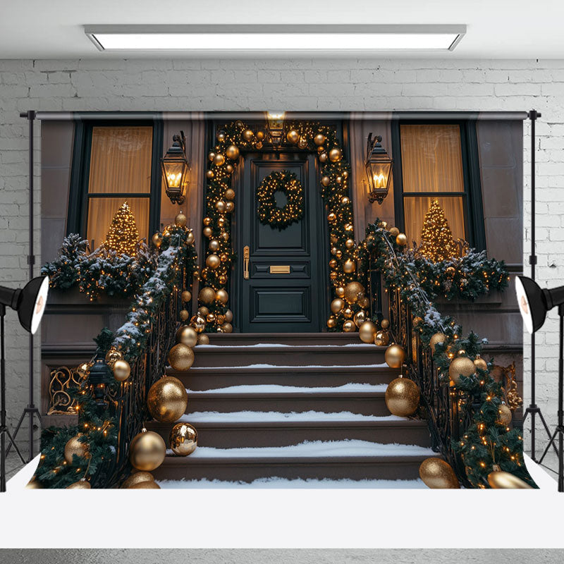 Gold Bauble Wreath Door Stairs Christmas Backdrop - Aperturee