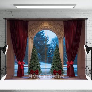 Gold Wall Red Curtain Tree Window Christmas Backdrop - Aperturee