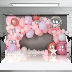 Gray Wall Pink Balloon Girls 1St Birthday Backdrop - Aperturee