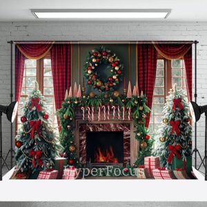 Green Fireplace Red Curtain Christmas Vibe Backdrop - Aperturee