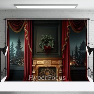 Green Red Gold Curtain Wreath Christmas Backdrop - Aperturee