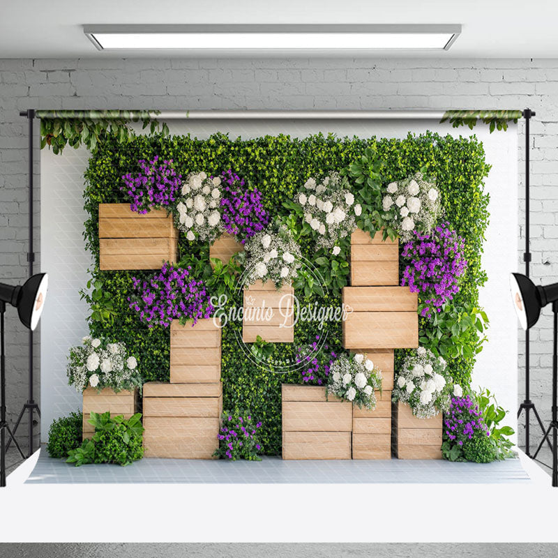 Greenery Wall White Purple Floral Spring Backdrop - Aperturee