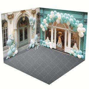 Modern Green White Store Balloons Room Set Backdrop - Aperturee
