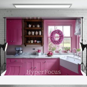 Modern Pink Kitchen Wreath Window Photo Backdrop - Aperturee