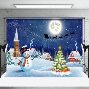 Moon Night Snowy Town Field Merry Christmas Backdrop - Aperturee