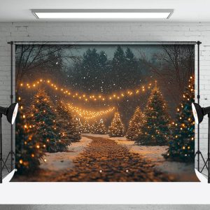 Night Warm Light Pine Tree Path Christmas Backdrop - Aperturee