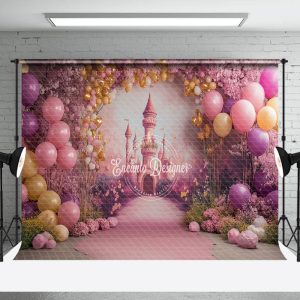 Pink Arch Floral Balloon Castle Cake Smash Backdrop - Aperturee