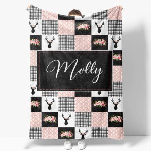 Pink Black White Elk Floral Plaid Custom Name Blanket - Aperturee