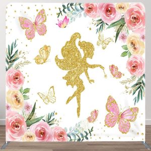 Pink Butterfly Girl Fabric Backdrop Cover for Birthday - Aperturee