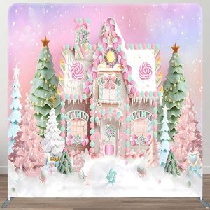 Pink Candy House Xmas Tree Tension Fabric Backdrop - Aperturee