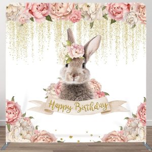 Pink Floral Rabbit Fabric Backdrop Cover for Birthday - Aperturee