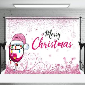 Pink Glitter Goblet Hat Merry Christmas Backdrop - Aperturee