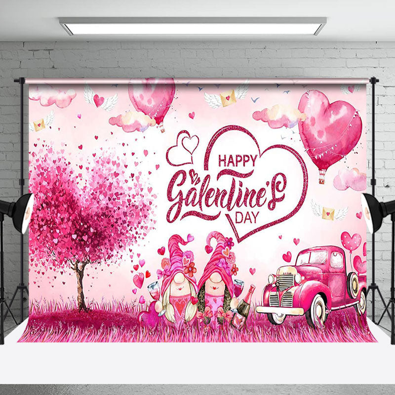 Pink Hearts Gnome Car Happy Galentines Day Backdrop - Aperturee