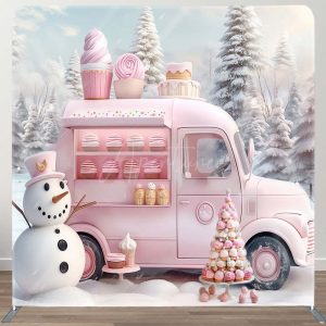 Pink Ice Cream Car Snowman Pillow Case Backdrop - Aperturee