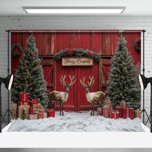 Red Barn Door Elk Snow Pine Tree Christmas Backdrop - Aperturee