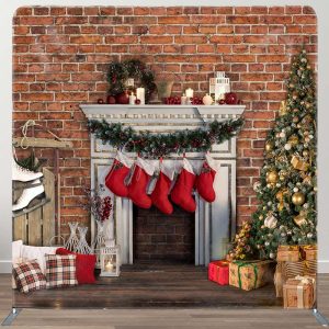 Red Bricks Stockings Square Arch Fabric Xmas Backdrop - Aperturee