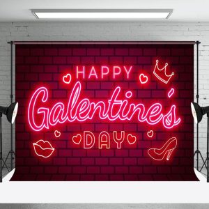 Red Bricks Wall Neon Happy Galentines Day Backdrop - Aperturee