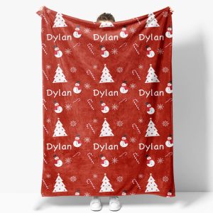 Red Christmas White Tree Snowman Custom Name Blanket - Aperturee