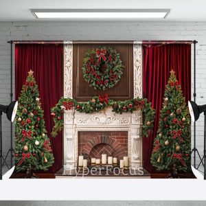 Red Curtain White Fireplace Tree Christmas Backdrop - Aperturee