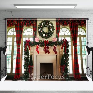Red Green Plaid Fireplace Window Christmas Backdrop - Aperturee