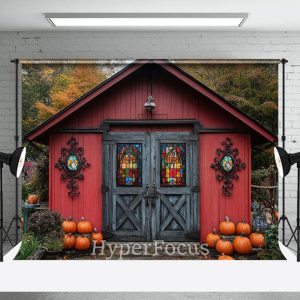 Red Grey Wooden Barn Forest Pumpkin Autumn Backdrop - Aperturee