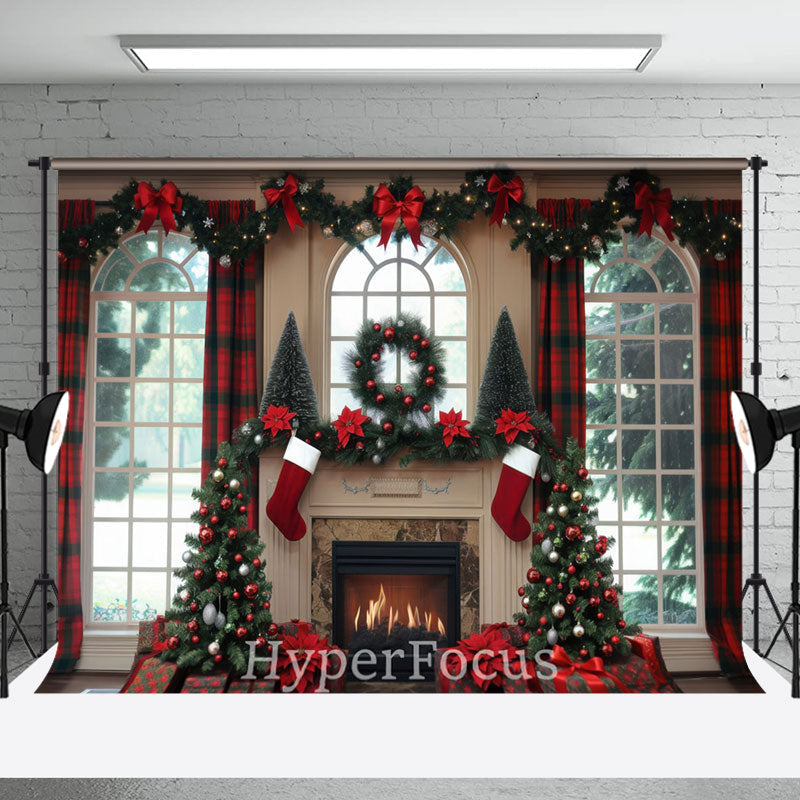 Red Plaid Curtain Fireplace Window Scene Backdrop - Aperturee