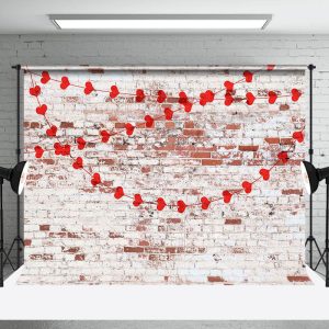Red White Bricks Wall Heart Valentines Day Backdrop - Aperturee