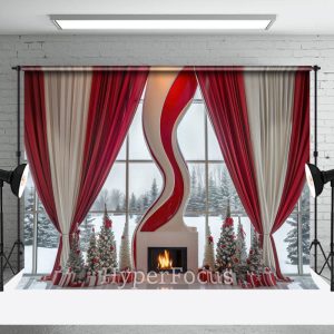 Red White Curtain Fireplace Window Christmas Backdrop - Aperturee