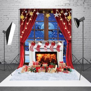 Reindeer Indoor Fireplace At Night Christmas Backdrop - Aperturee