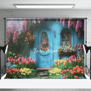 Retro Blue Garden Cabin Floral Spring Photo Backdrop - Aperturee