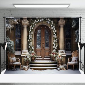 Retro Pillar Wreath Door Snow Stair Xmas Backdrop - Aperturee
