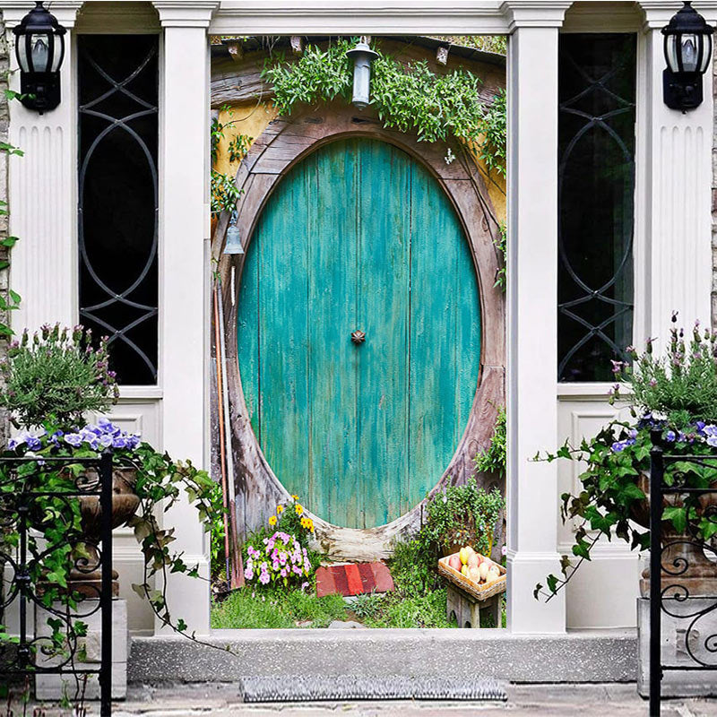 Retro Wooden Teal Wall Spring Greenery Door Cover - Aperturee