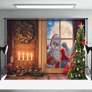 Santa Ooutside Window Night Wood Christmas Backdrop - Aperturee