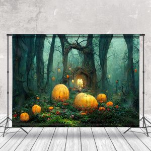 Scary Forest Light Pumpkins Halloween Photo Backdrop - Aperturee