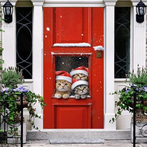 Snow Red Door Santa Cat Christmas Tree Door Cover - Aperturee