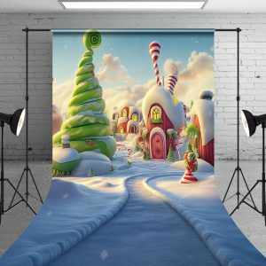 Snowy Candyland Green Red House Christmas Backdrop - Aperturee