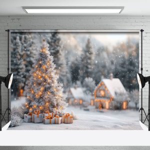 Snowy Rural House Forest Trees Christmas Backdrop - Aperturee