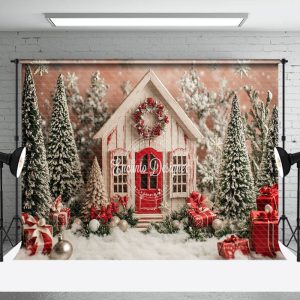 Snowy Wonderlad Christmas Tree Around Cabin Backdrop - Aperturee
