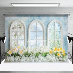 Spring Blue Window Wall Floral Photography Backdrop - Aperturee