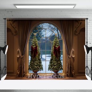 Vintage Brown Curtain Tree Window Christmas Backdrop - Aperturee