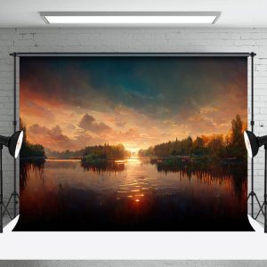 Watercolor Sunset Cloud Tree Lake Waves Backdrop - Aperturee